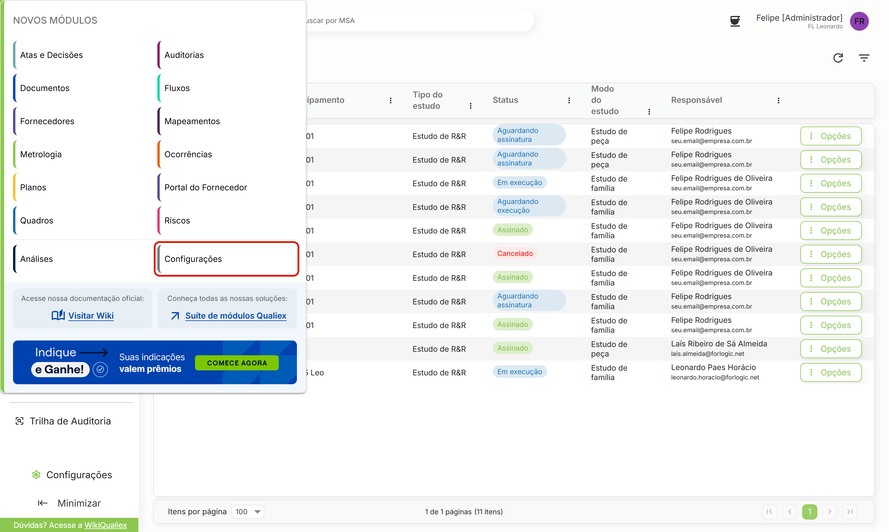 Menu do qualiex configuracoes