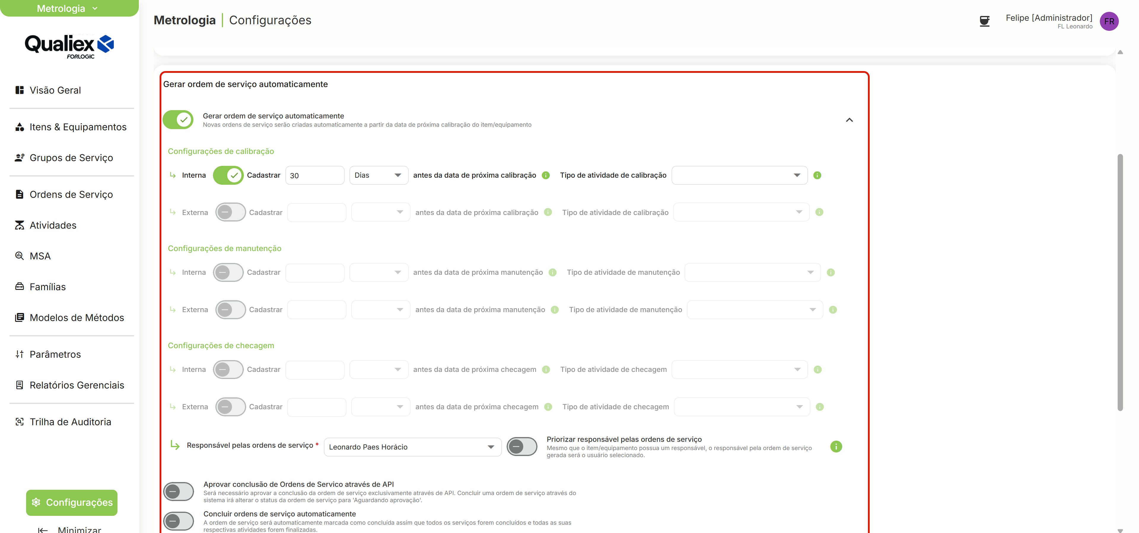 Configuracoes geracao automatica de os