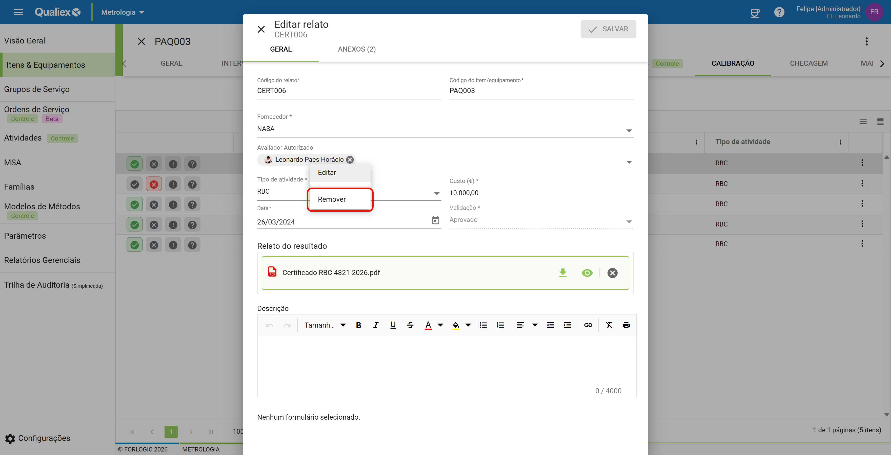 Remocao opcao remover no menu