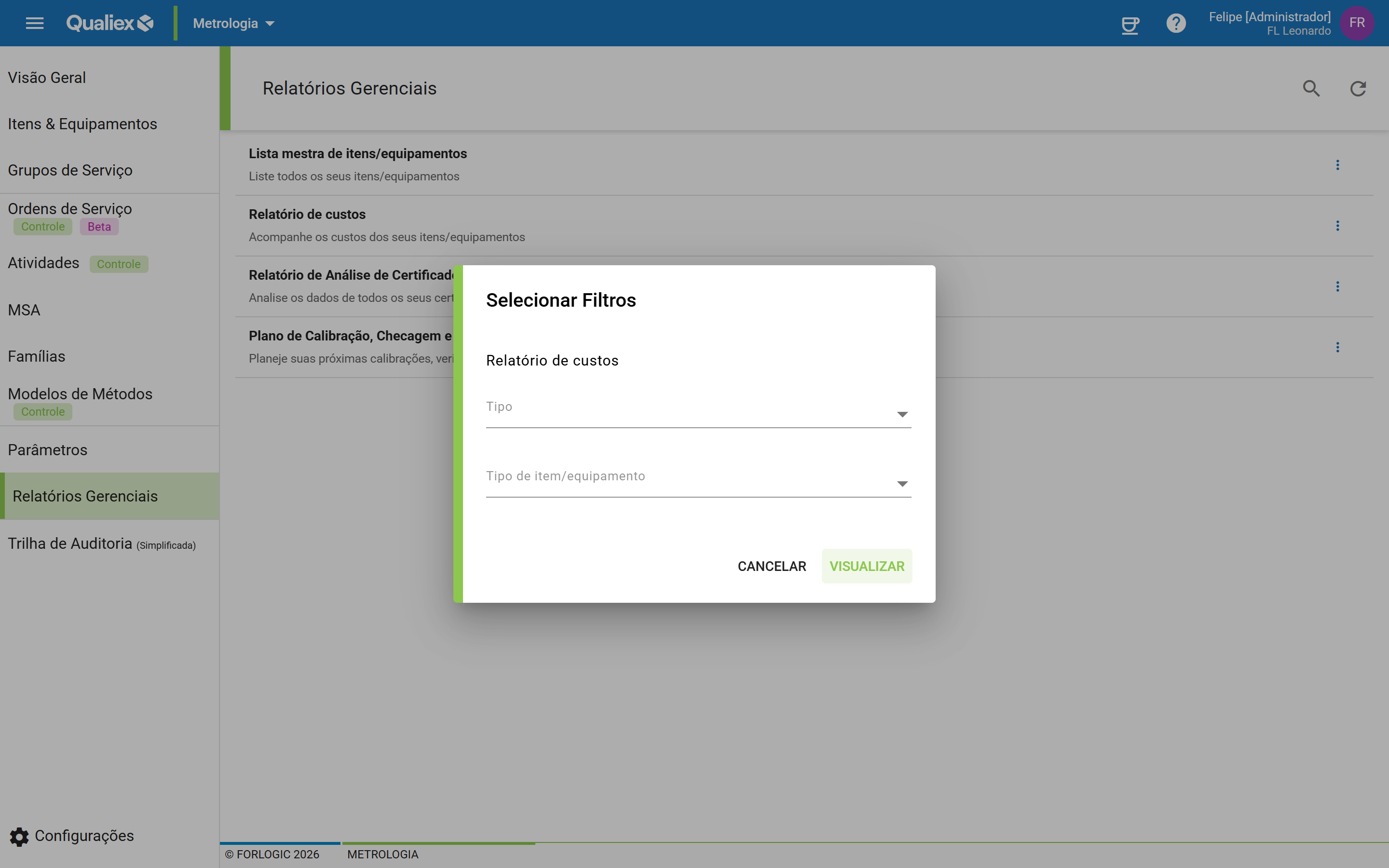 Passo2 dialogo de filtros do relatorio de custos