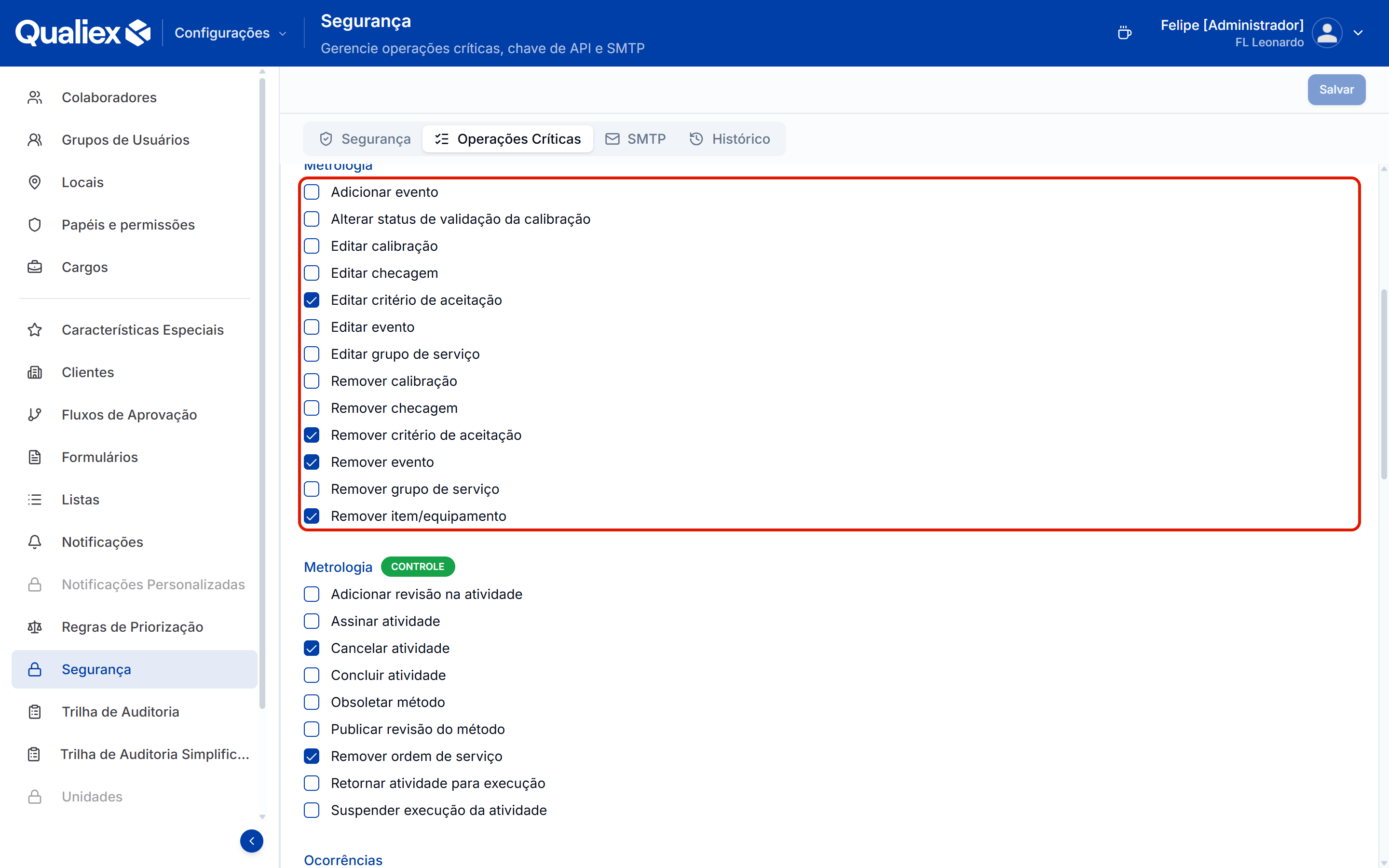 Lista de operacoes criticas do metrologia