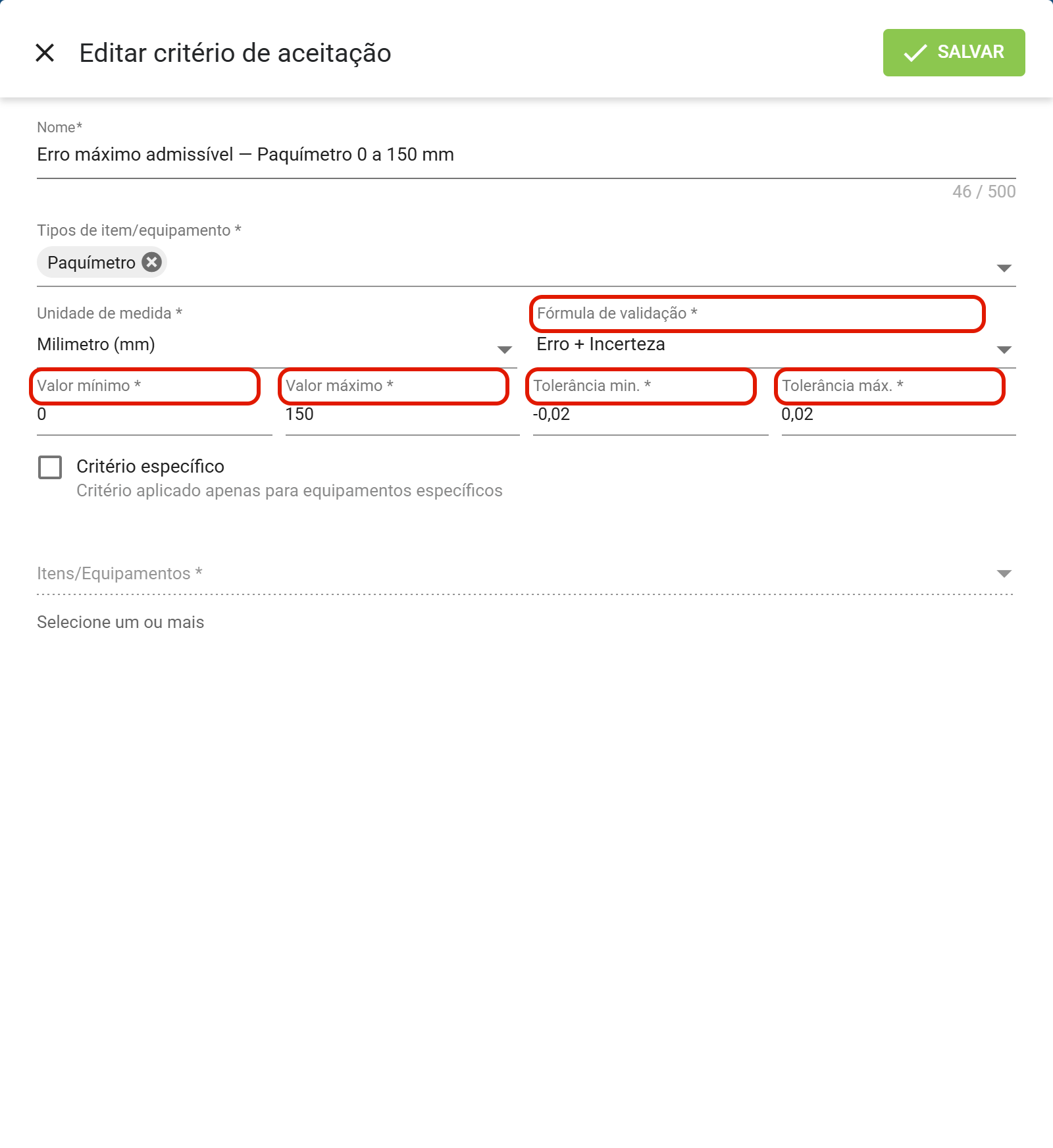 Faixa tolerancia e formula de validacao