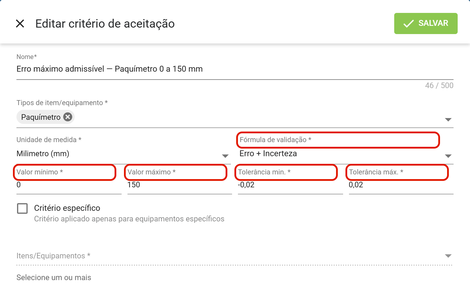 Faixa tolerancia e formula de validacao