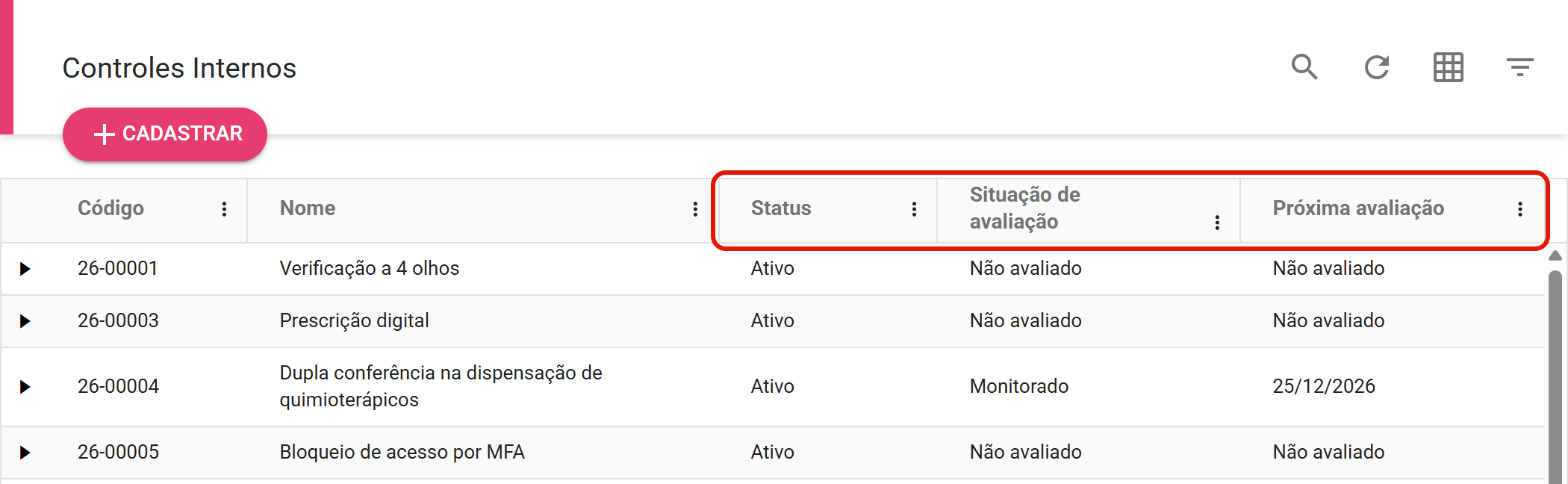 Colunas Status, Situação de avaliação e Próxima avaliação na listagem