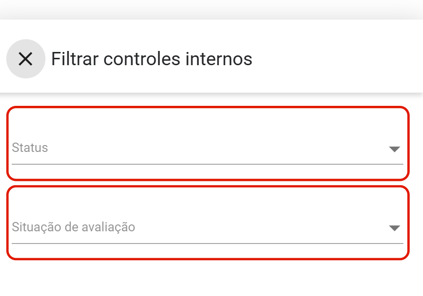 Painel Filtrar controles internos com os campos Status e Situação de avaliação
