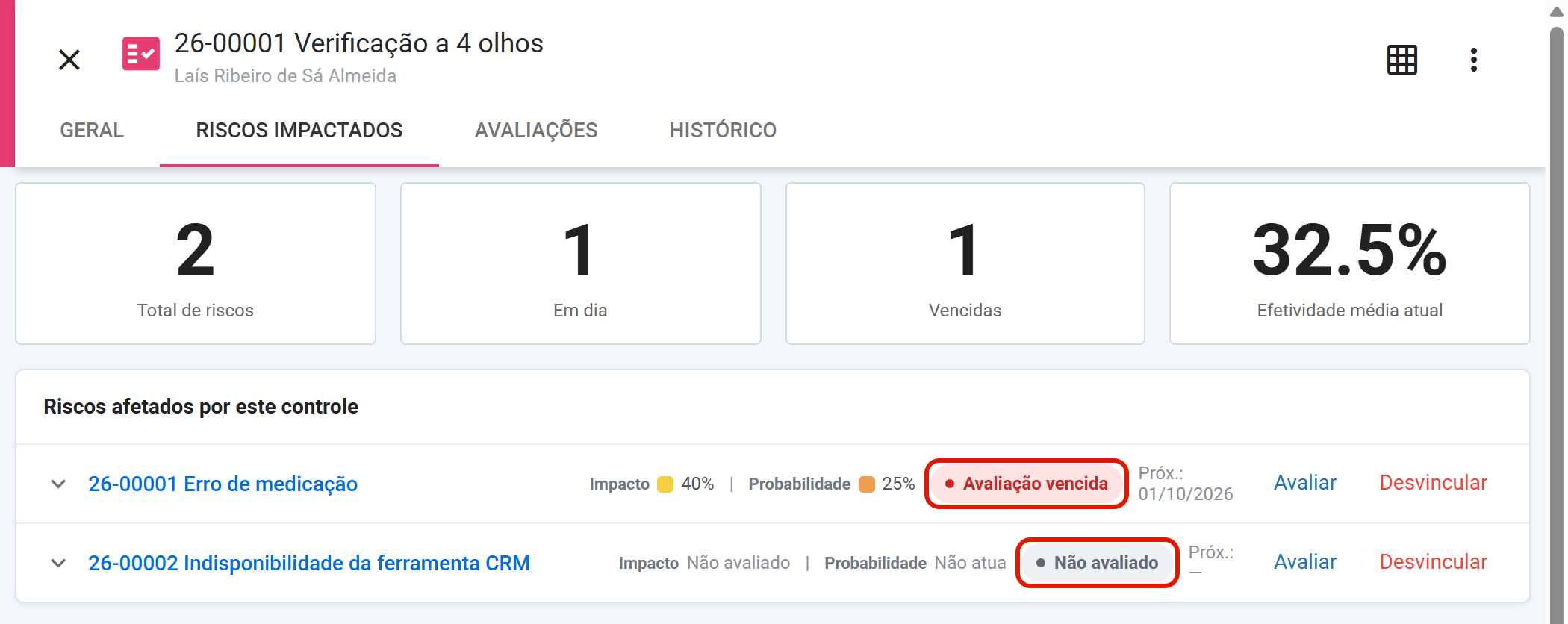 Situação de cada risco na aba Riscos impactados
