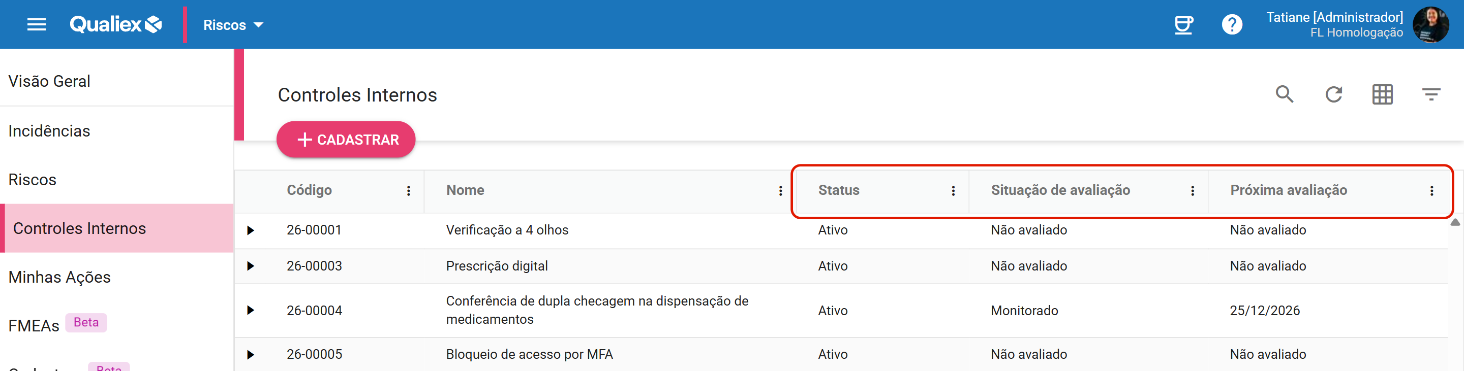 Colunas status situacao e proxima avaliacao