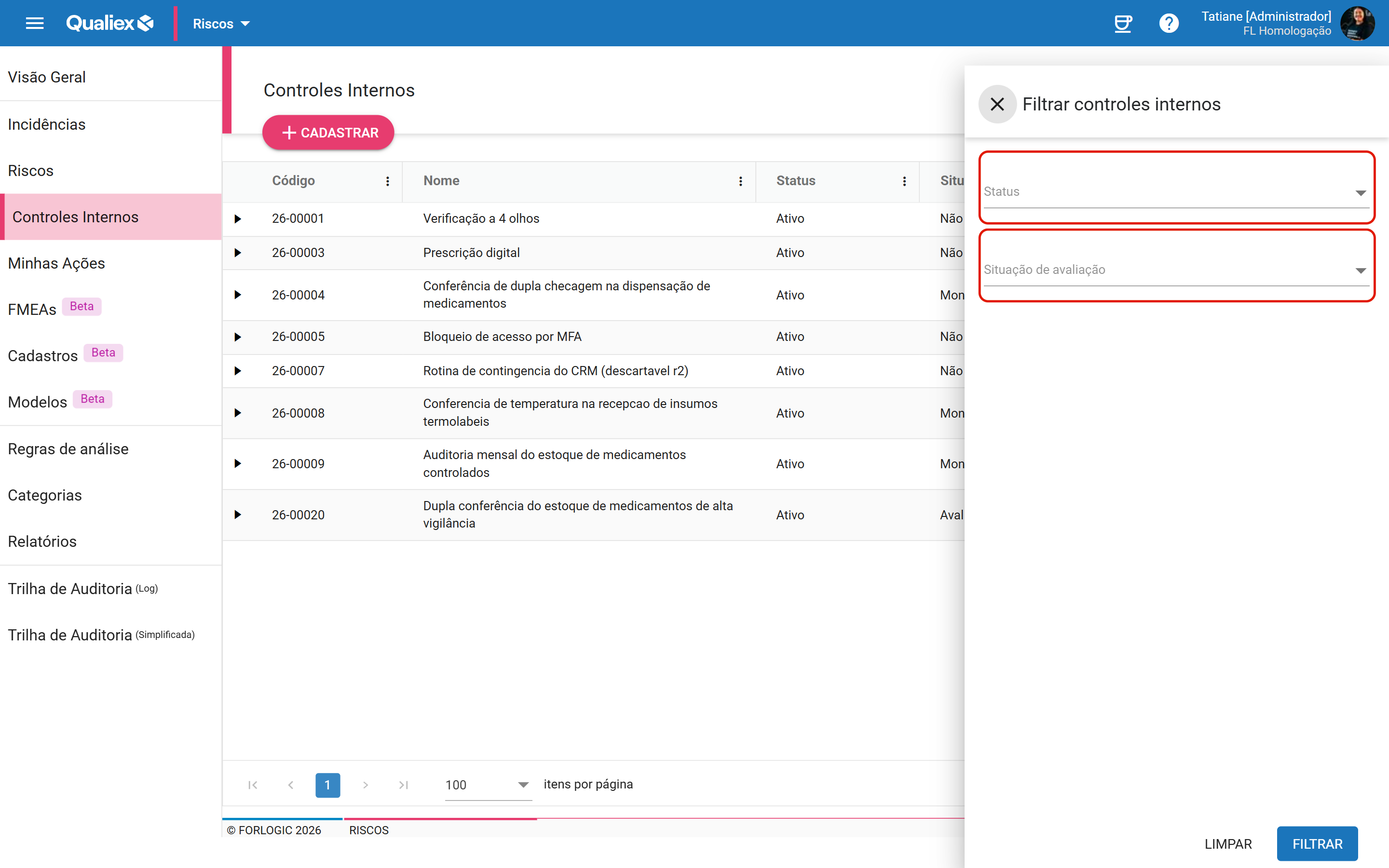 Painel filtrar com status e situacao