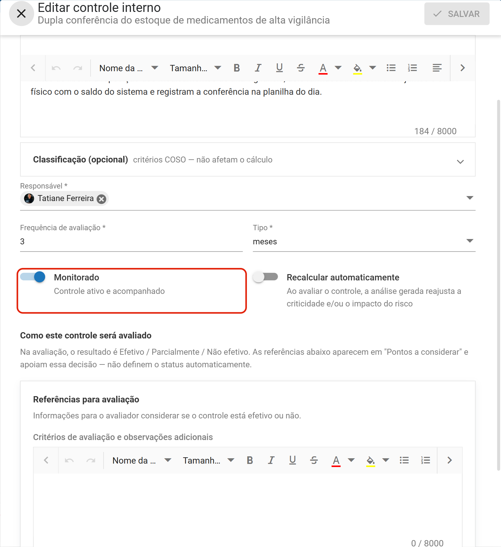 Interruptor monitorado no cadastro