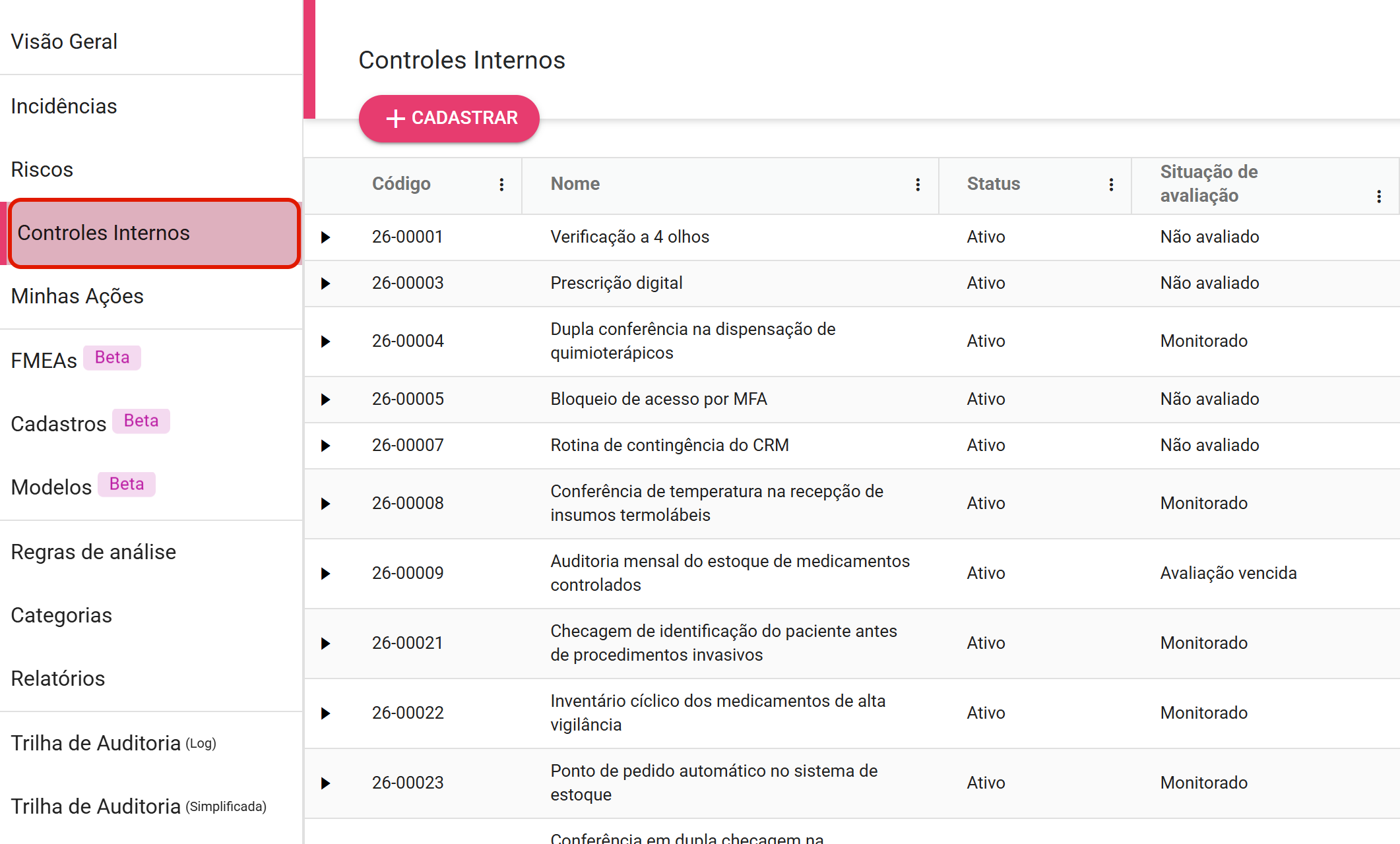 Item Controles Internos no menu lateral