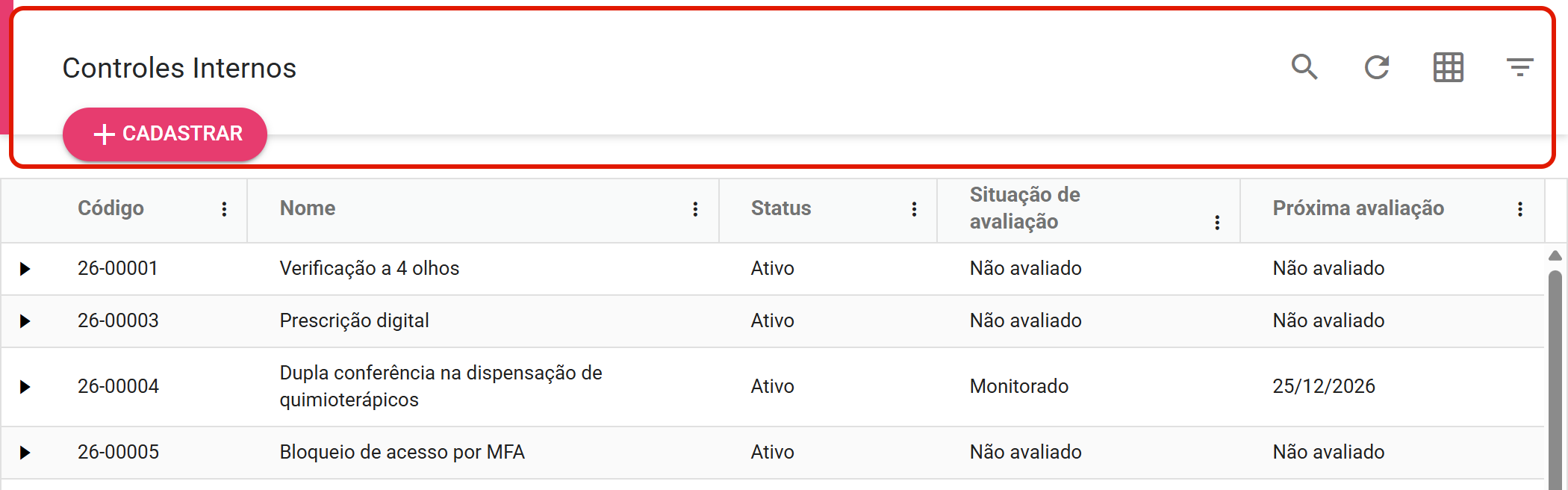 Barra de ferramentas com os quatro ícones e CADASTRAR