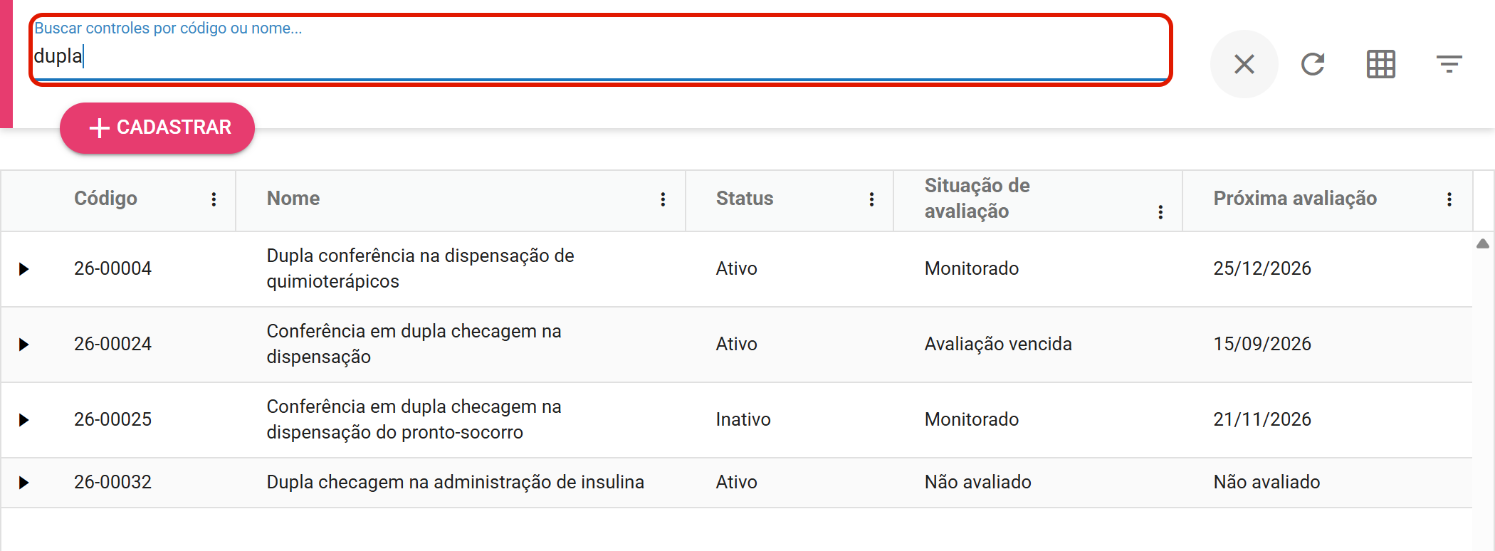 Busca por código ou nome filtrando a grade
