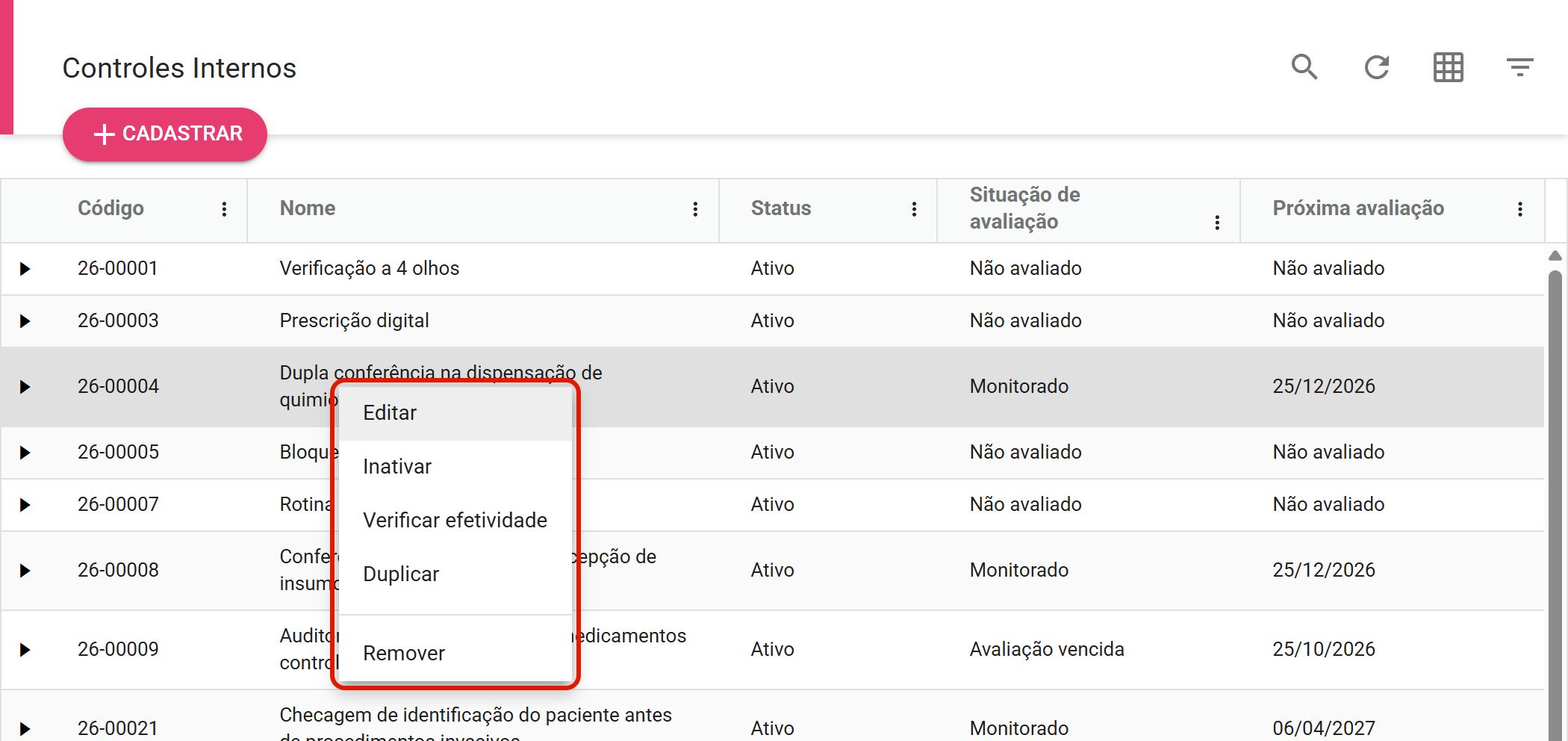 Menu do botão direito na linha do controle