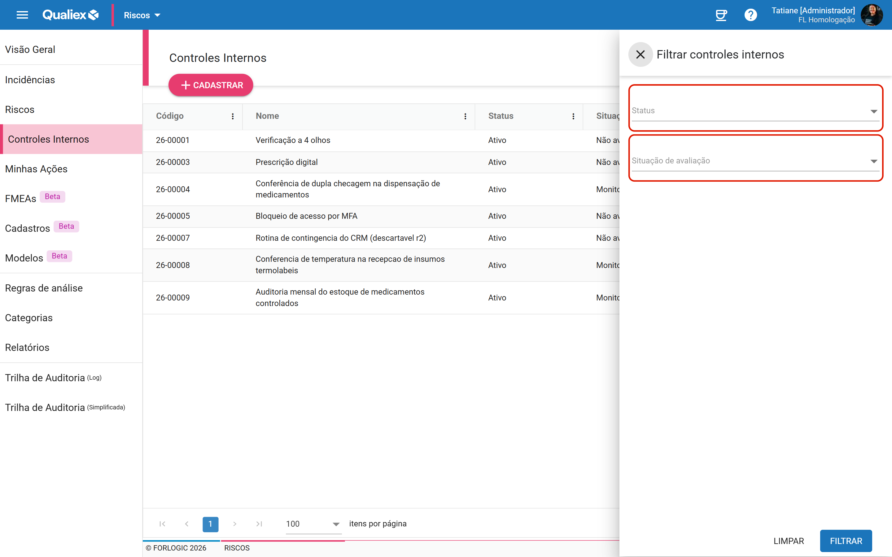 Painel filtrar controles internos