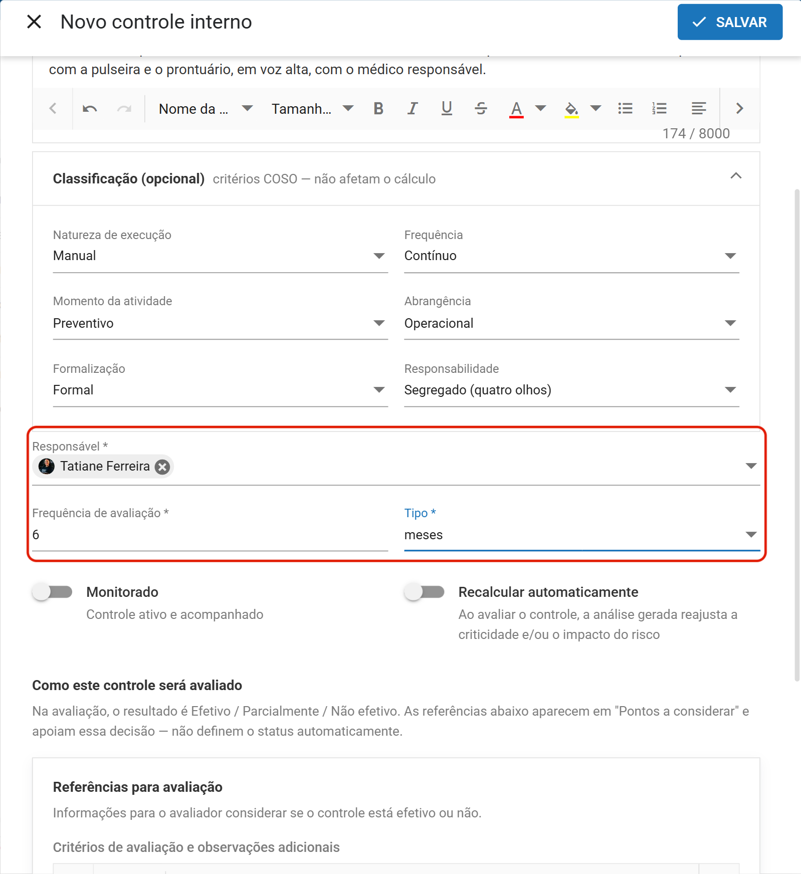 Responsavel e frequencia de avaliacao