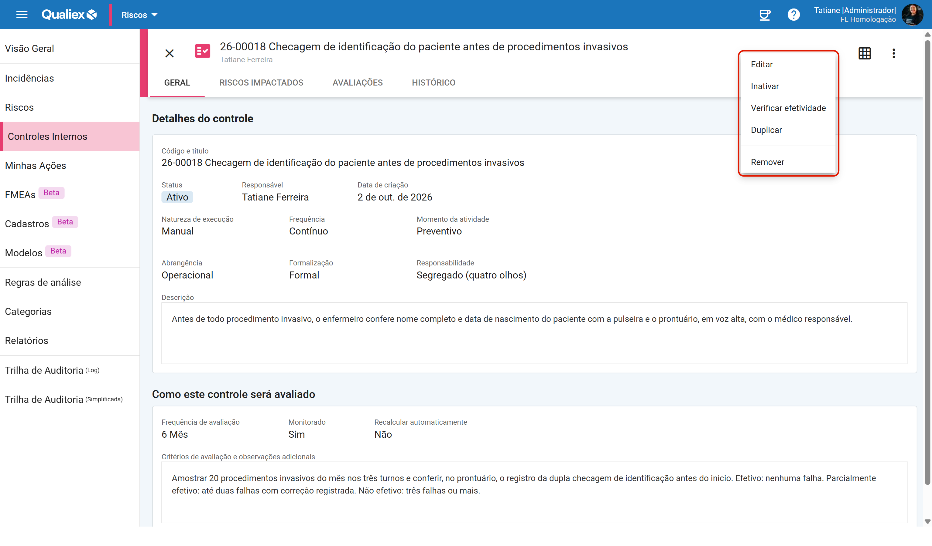 Acoes no menu de tres pontos da pagina