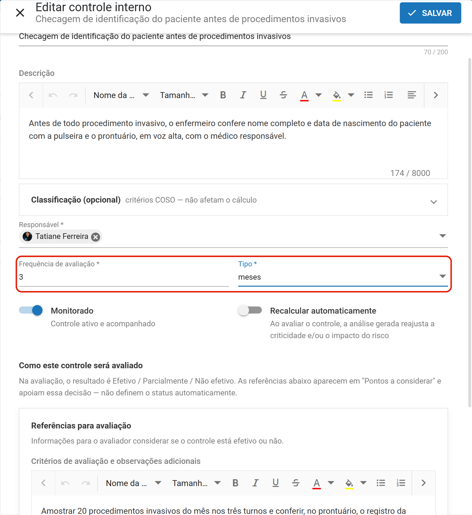 Painel de edicao com a frequencia alterada