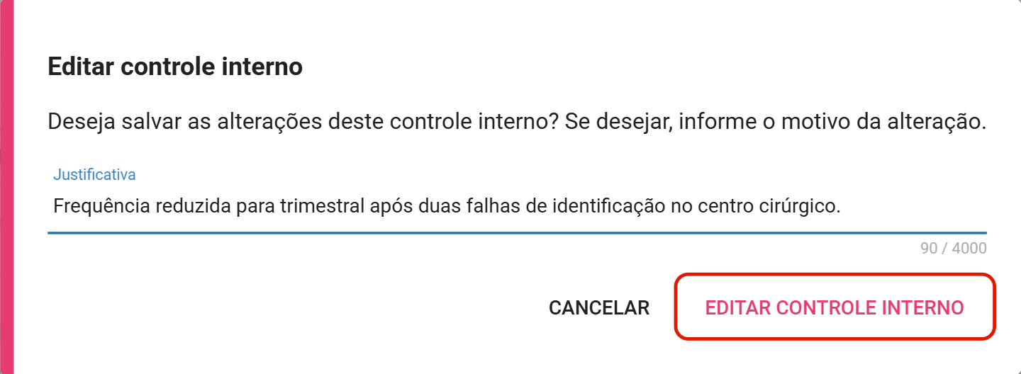 Dialogo editar controle interno com justificativa
