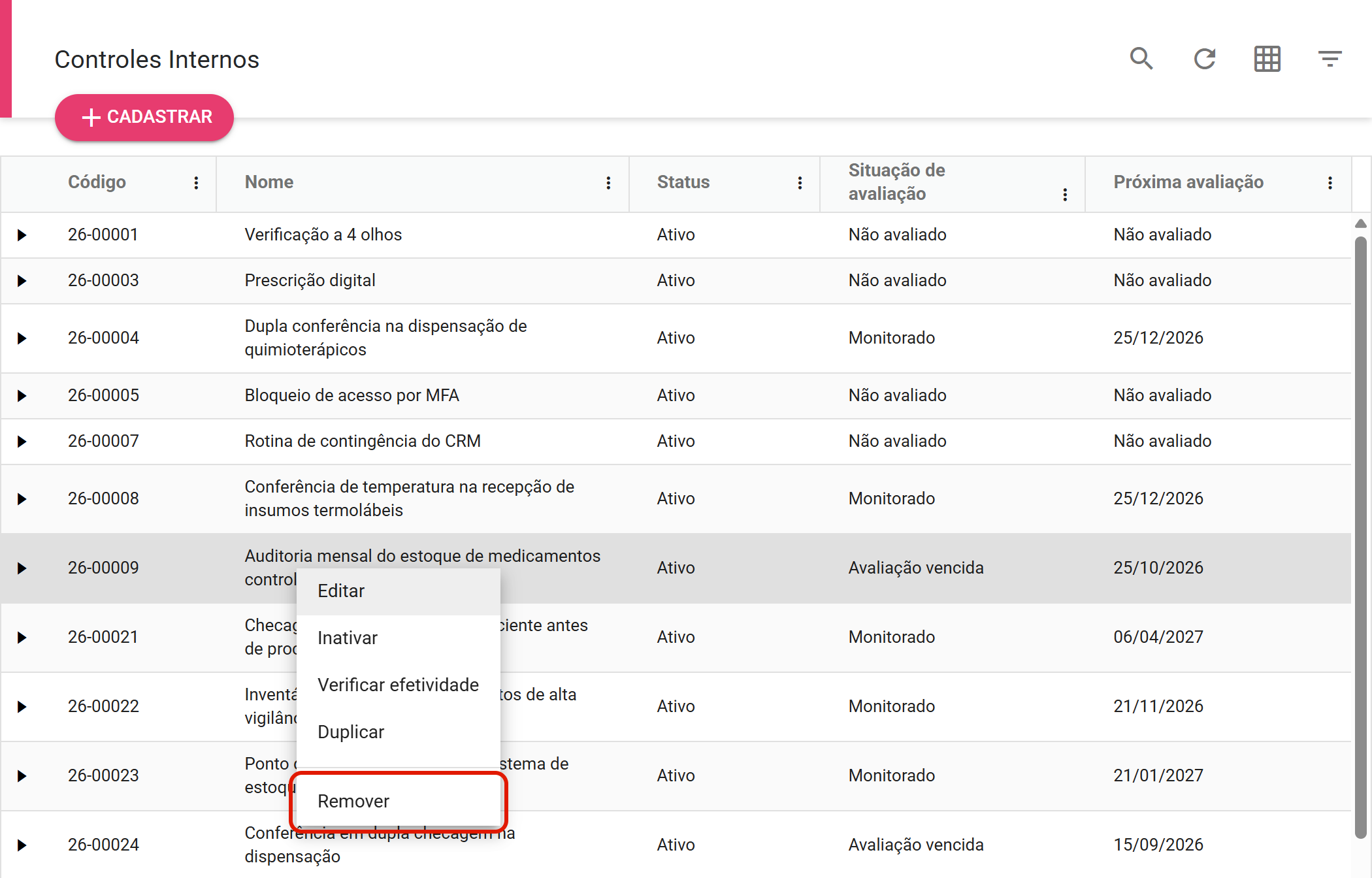 Opção Remover no menu da linha do controle