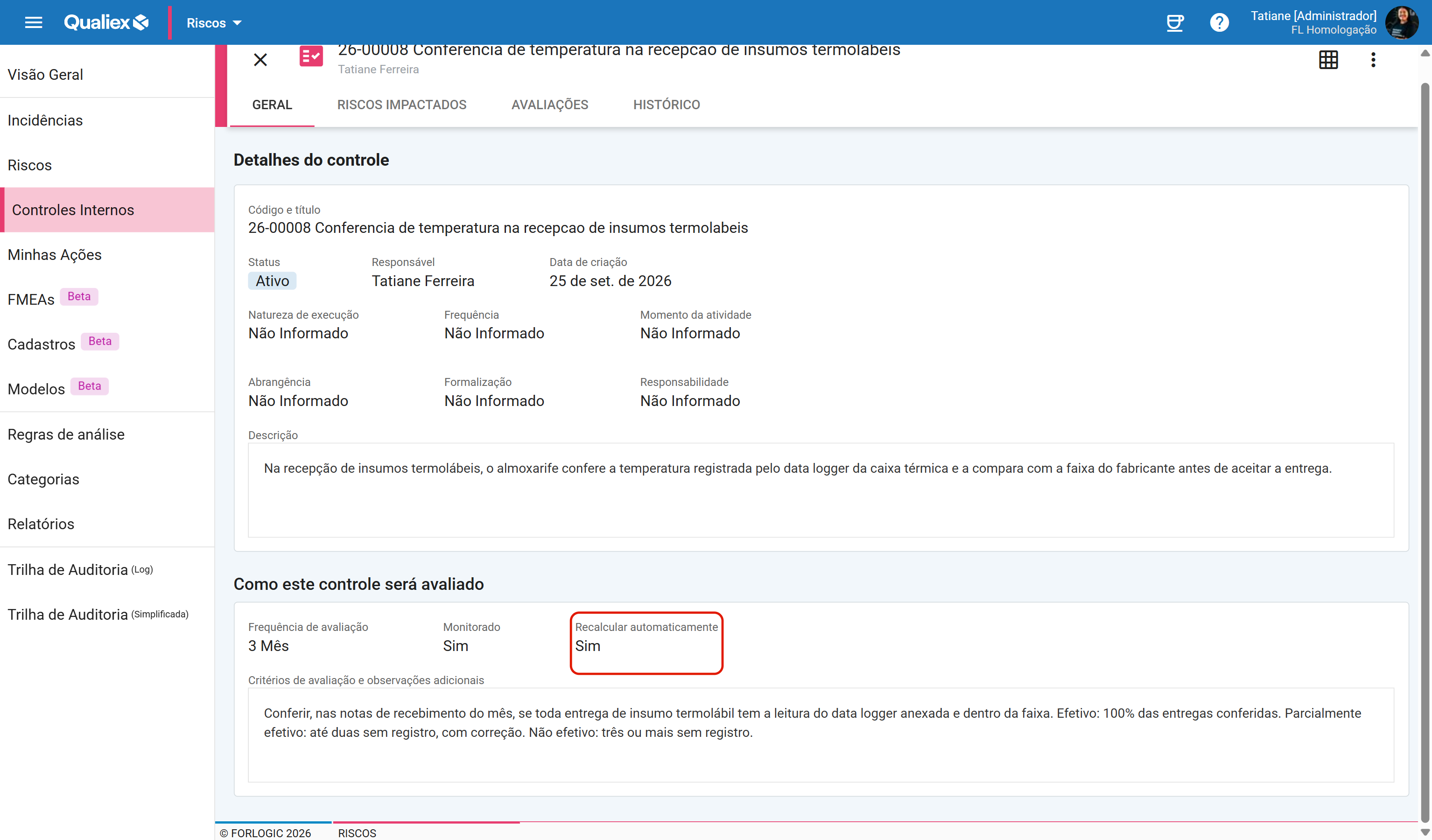 Recalcular automaticamente sim no cartao da aba geral