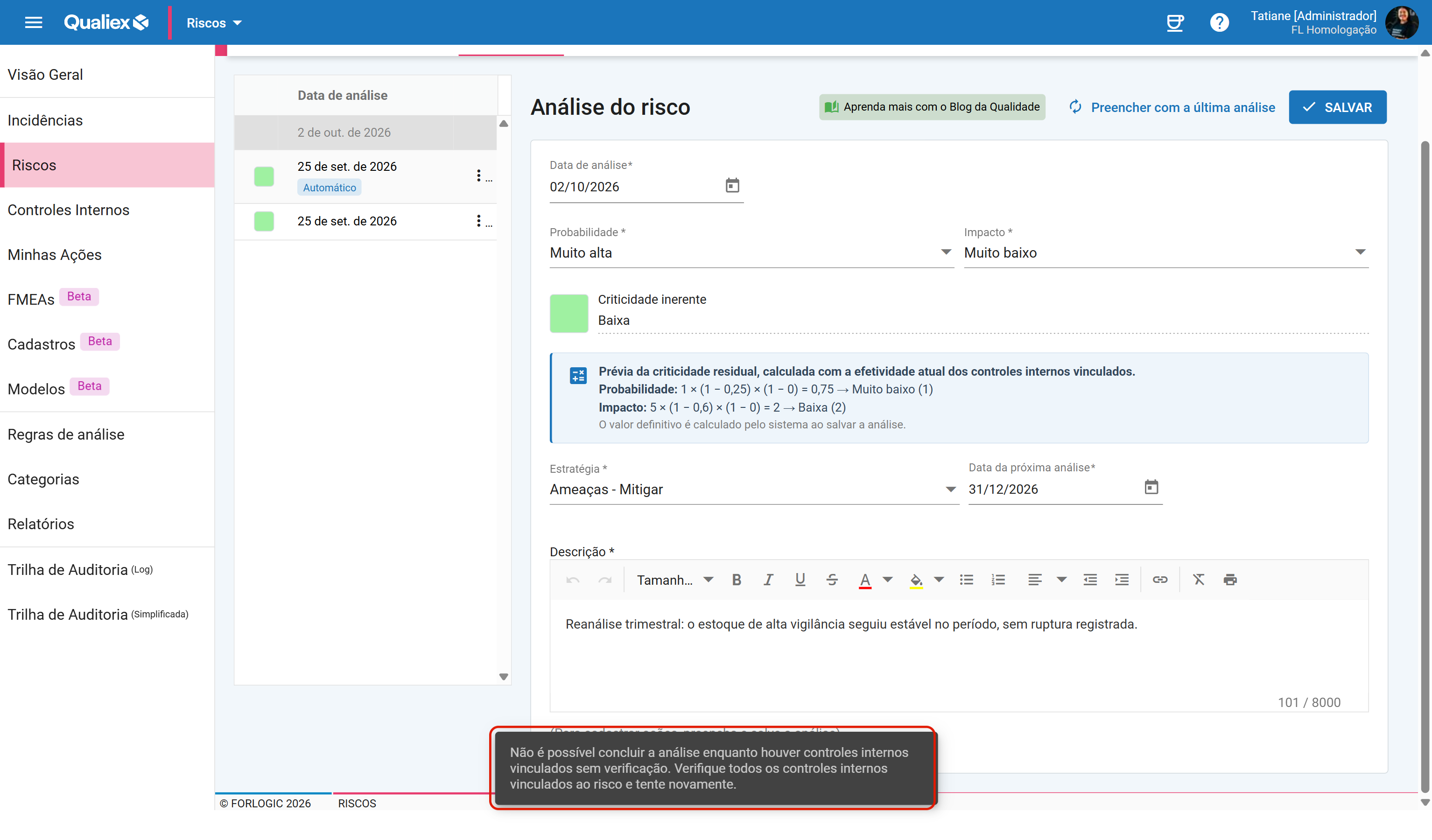 Analise bloqueada por controle sem verificacao