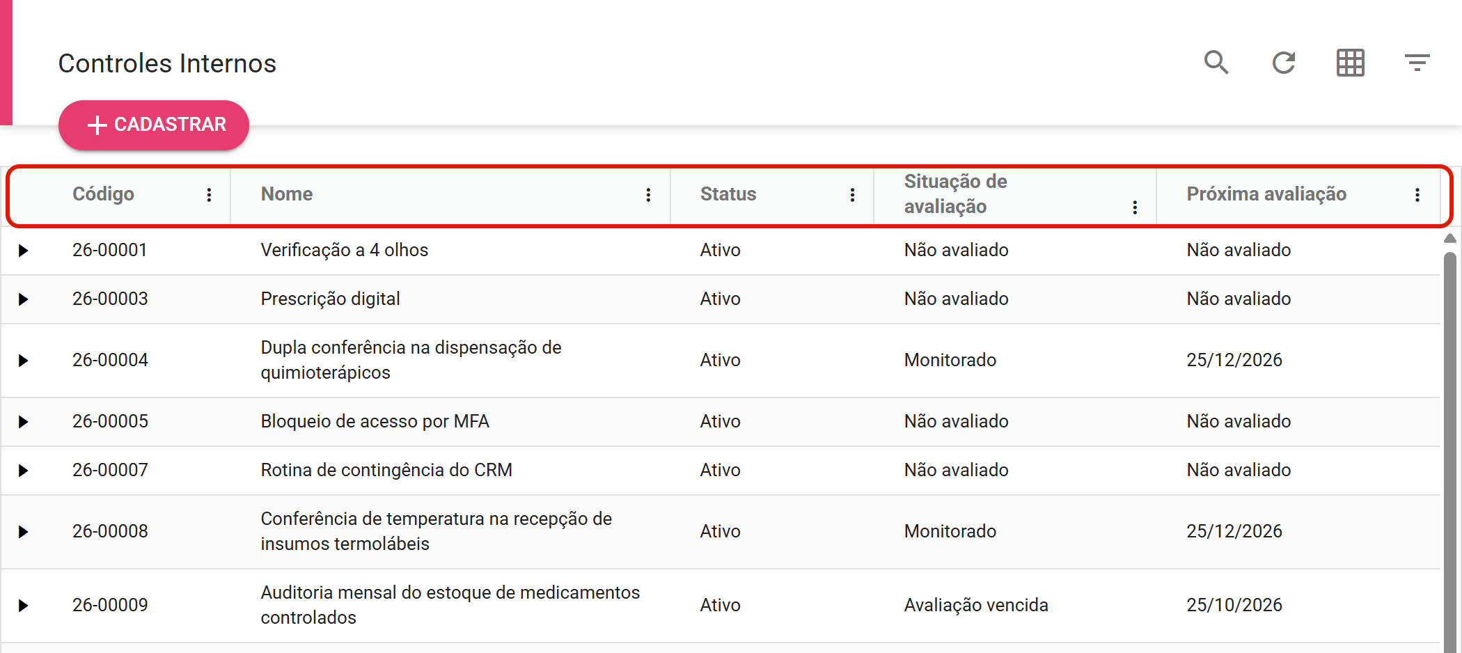 Biblioteca de controles com as cinco colunas
