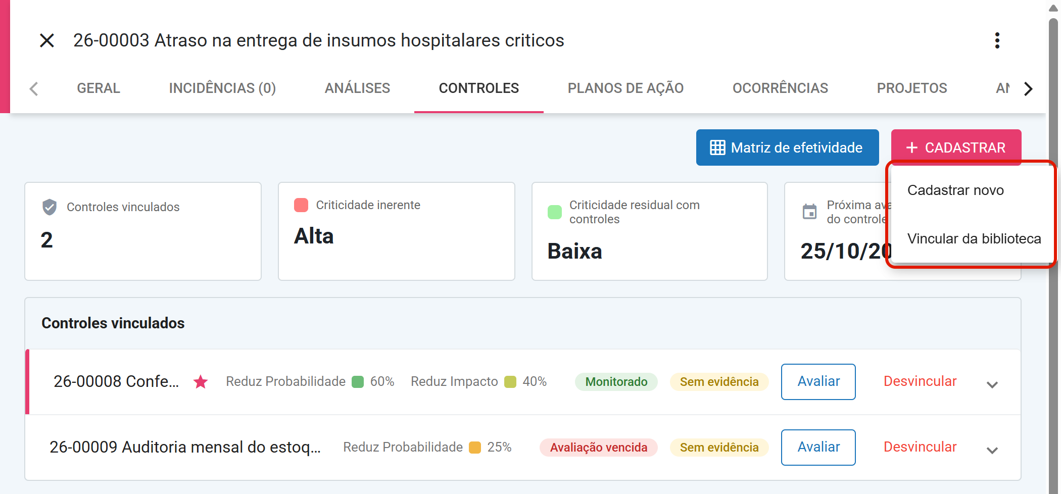 Aba CONTROLES do risco com o menu CADASTRAR aberto
