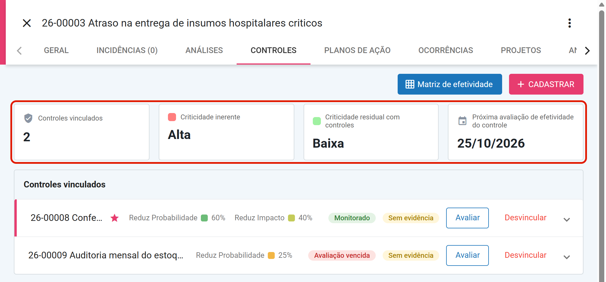Quatro indicadores no topo da aba CONTROLES