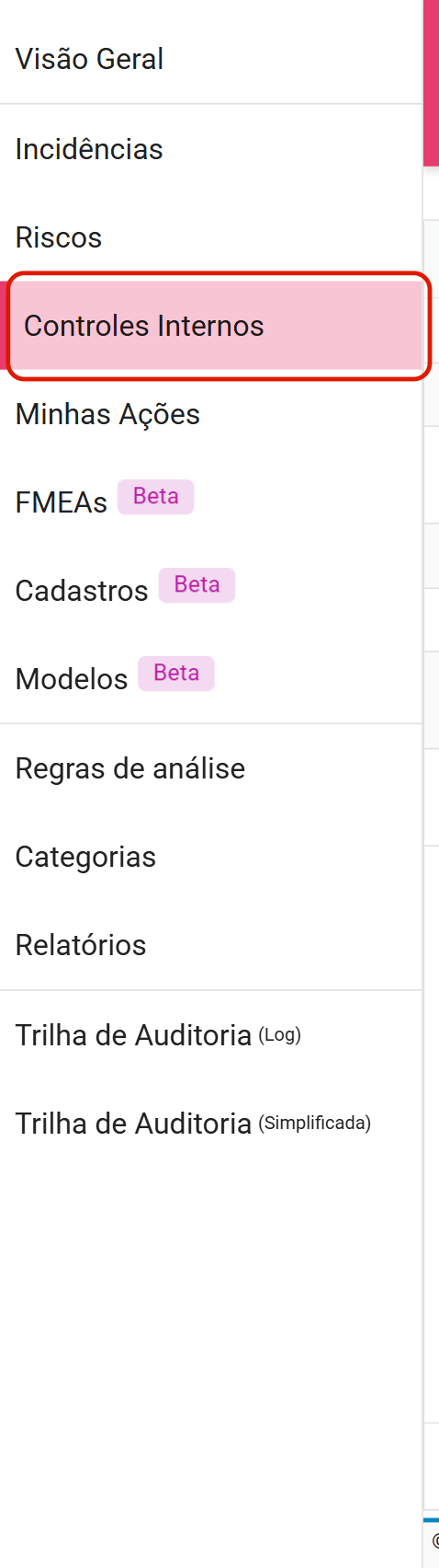 Novo item controles internos no menu lateral