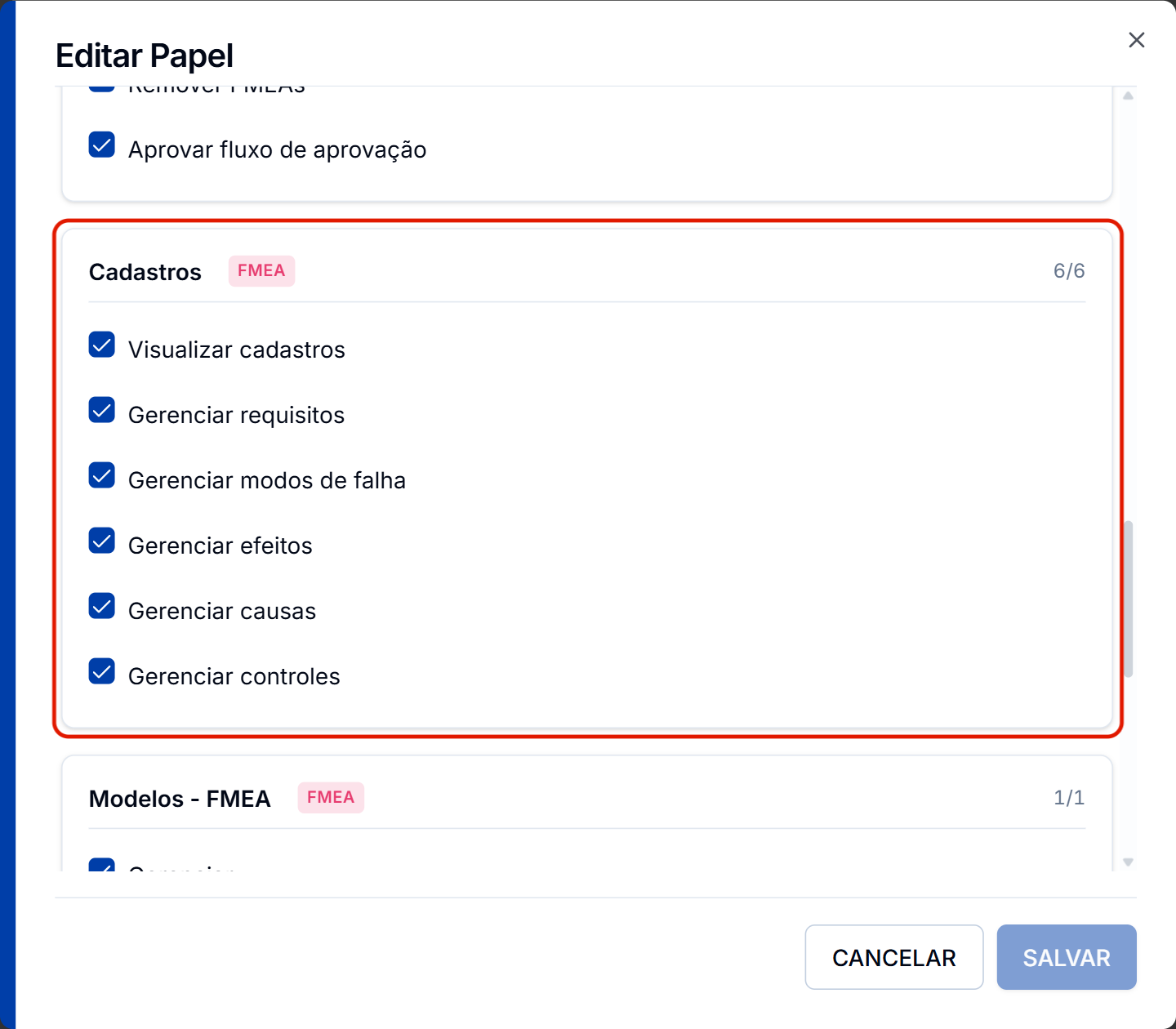 Gerenciar controles no cartao cadastros do fmea