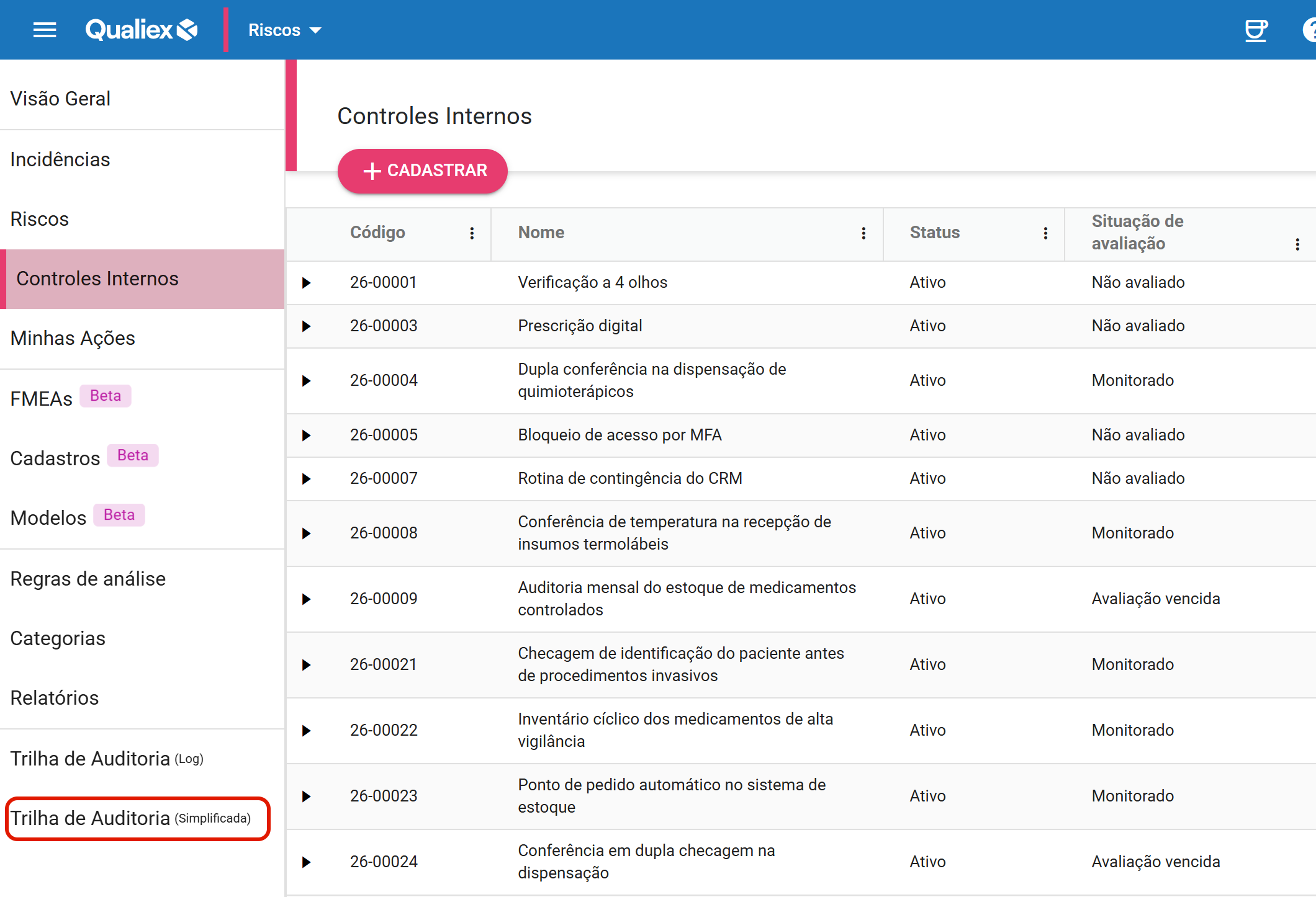 Trilha de Auditoria (Simplificada) no menu lateral