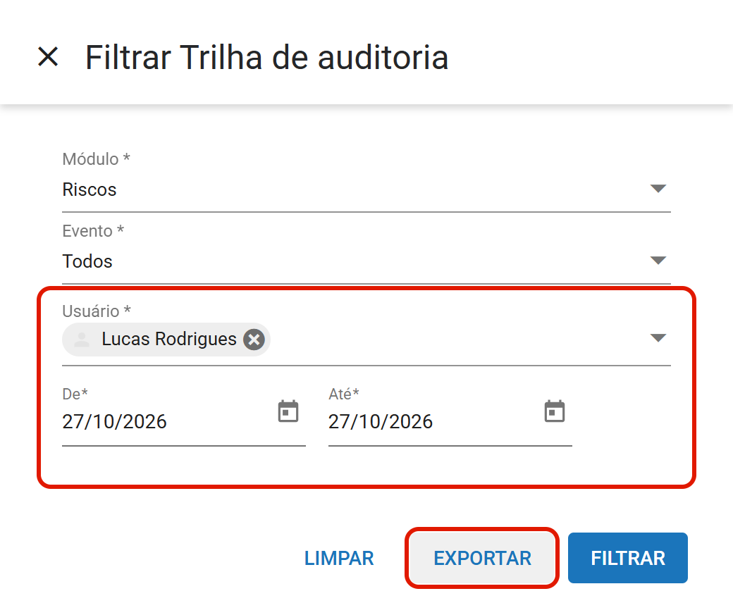 Filtro da trilha aberto com a data de hoje e o seu usuário