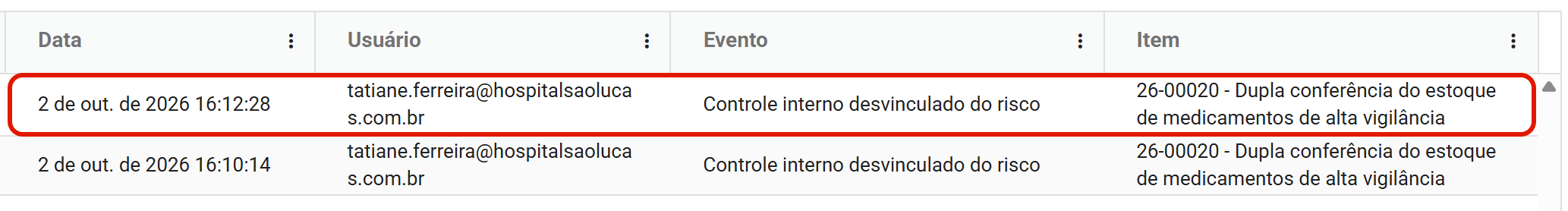 Grade da trilha filtrada pelo evento Controle interno desvinculado do risco