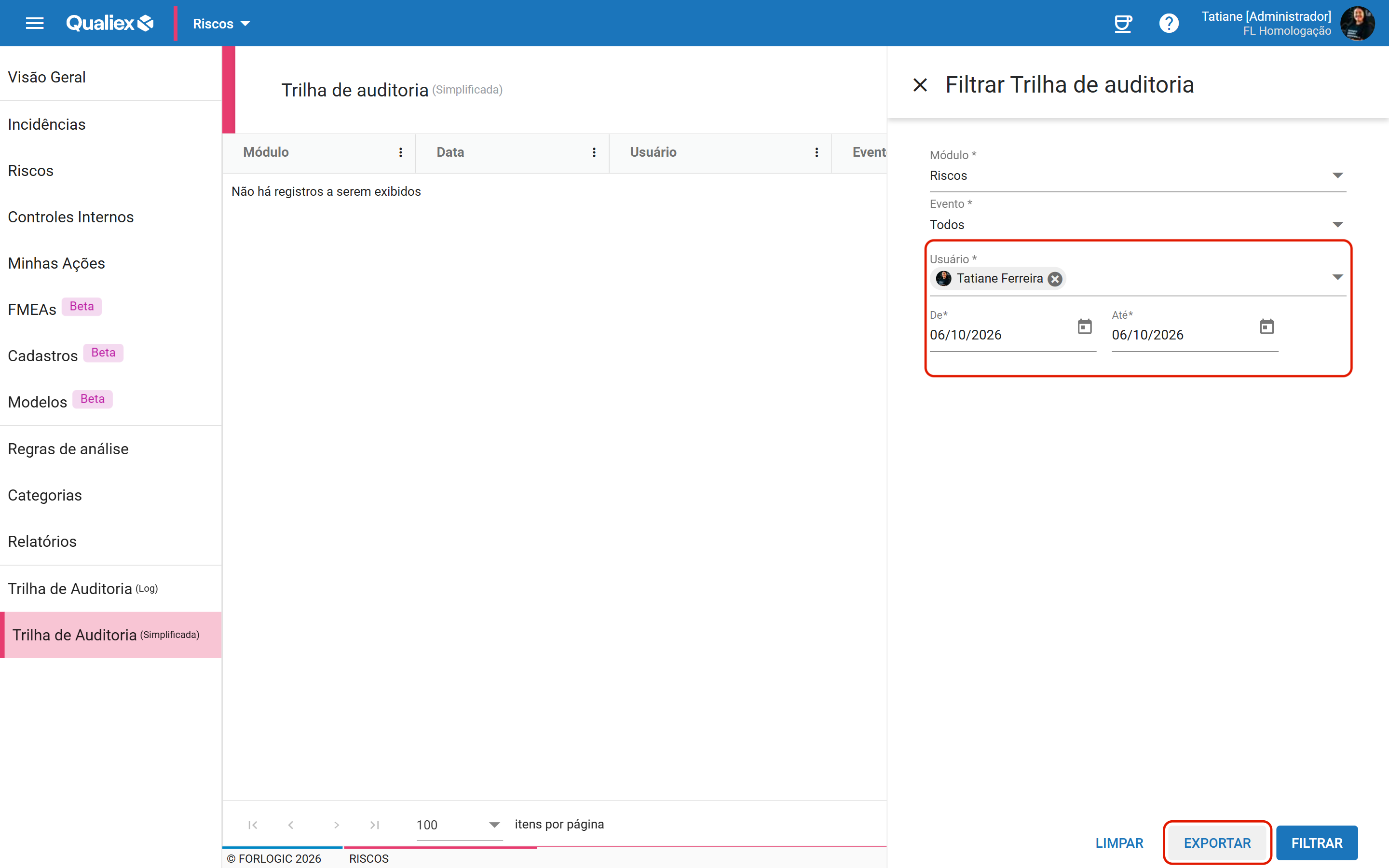 Filtro abre com hoje e o seu usuario