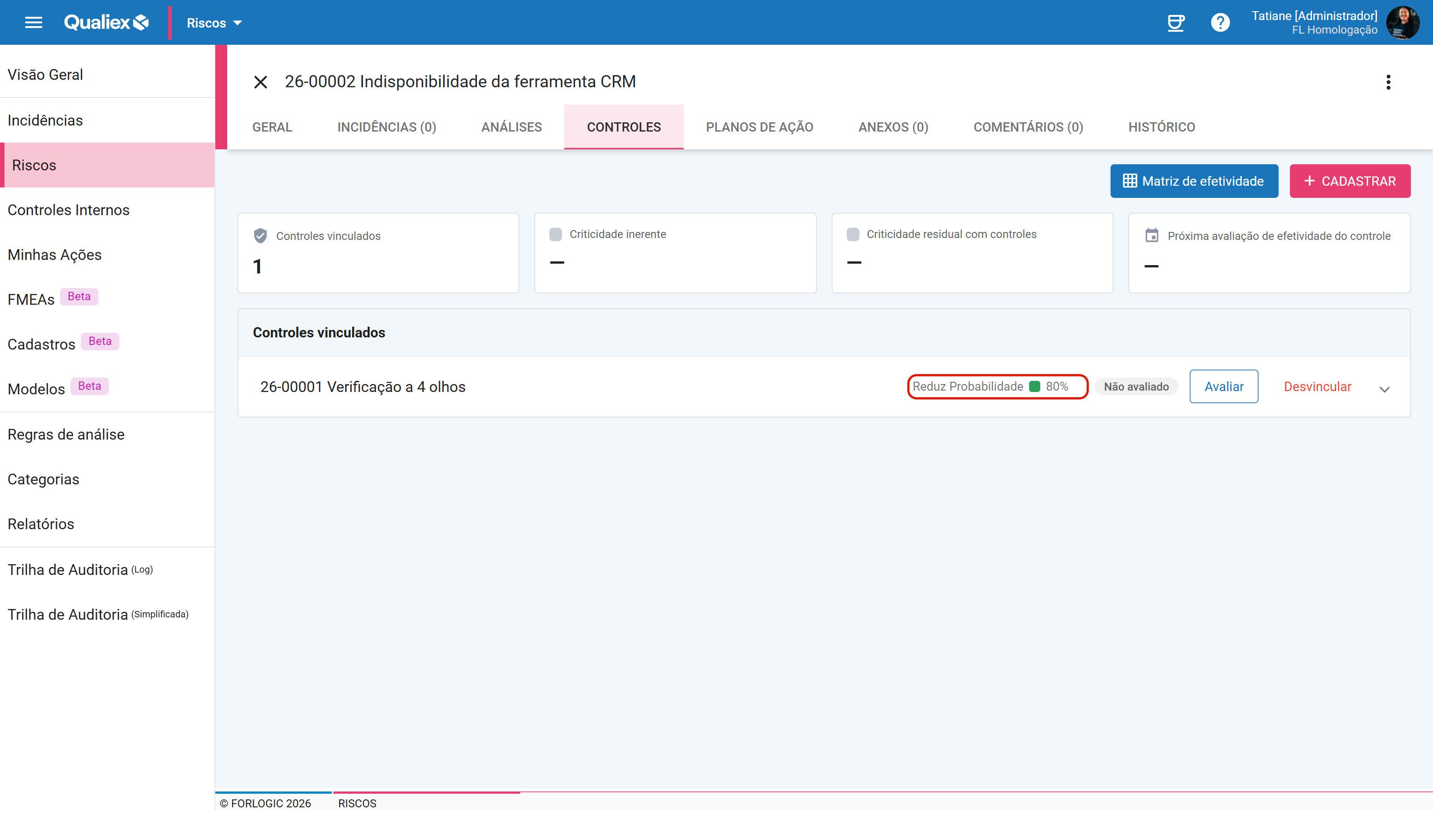 Mesmo controle no risco crm