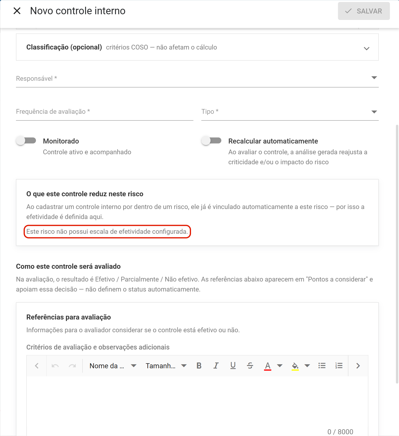 Aviso de risco sem escala de efetividade