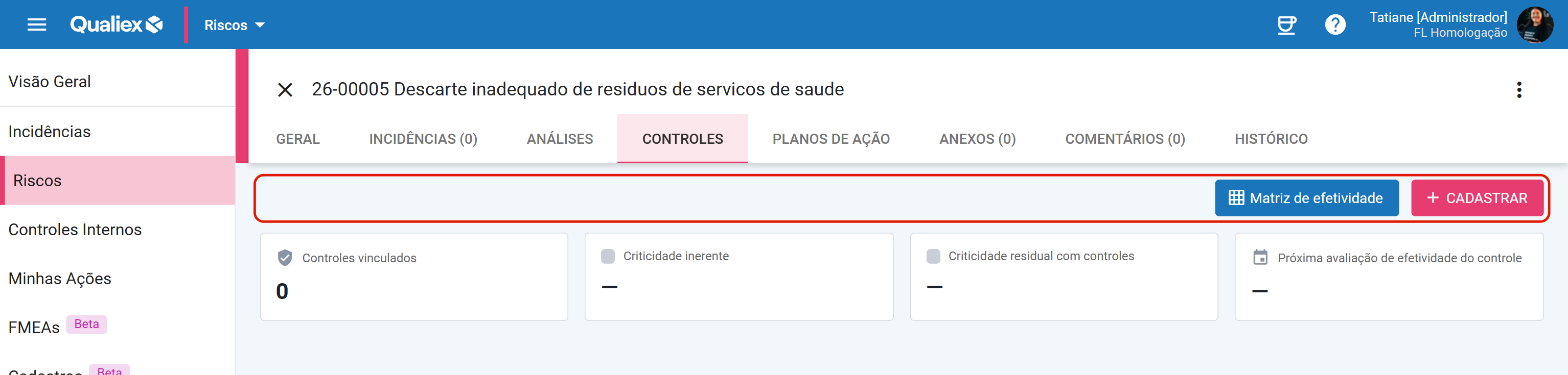 Barra com matriz de efetividade e cadastrar