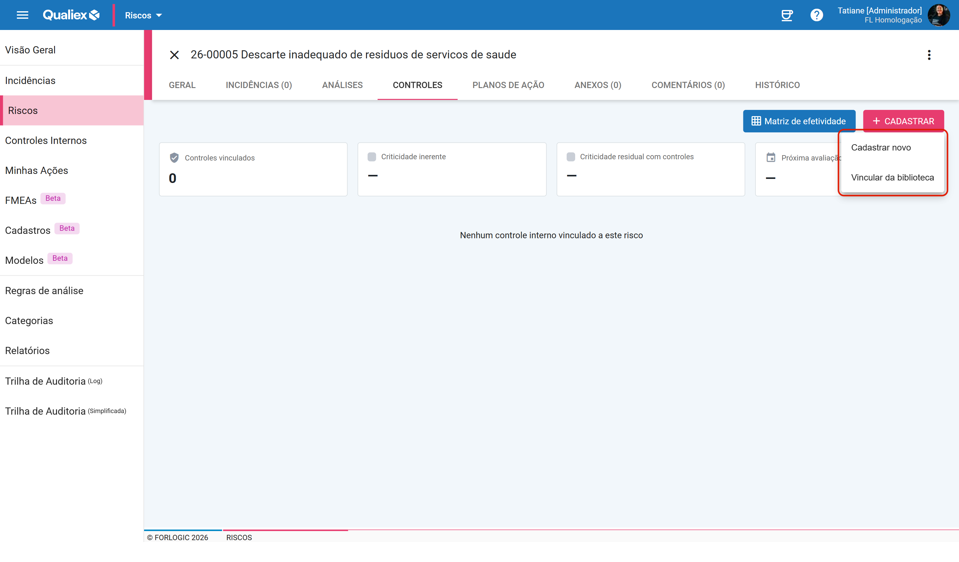 Menu cadastrar com as duas opcoes