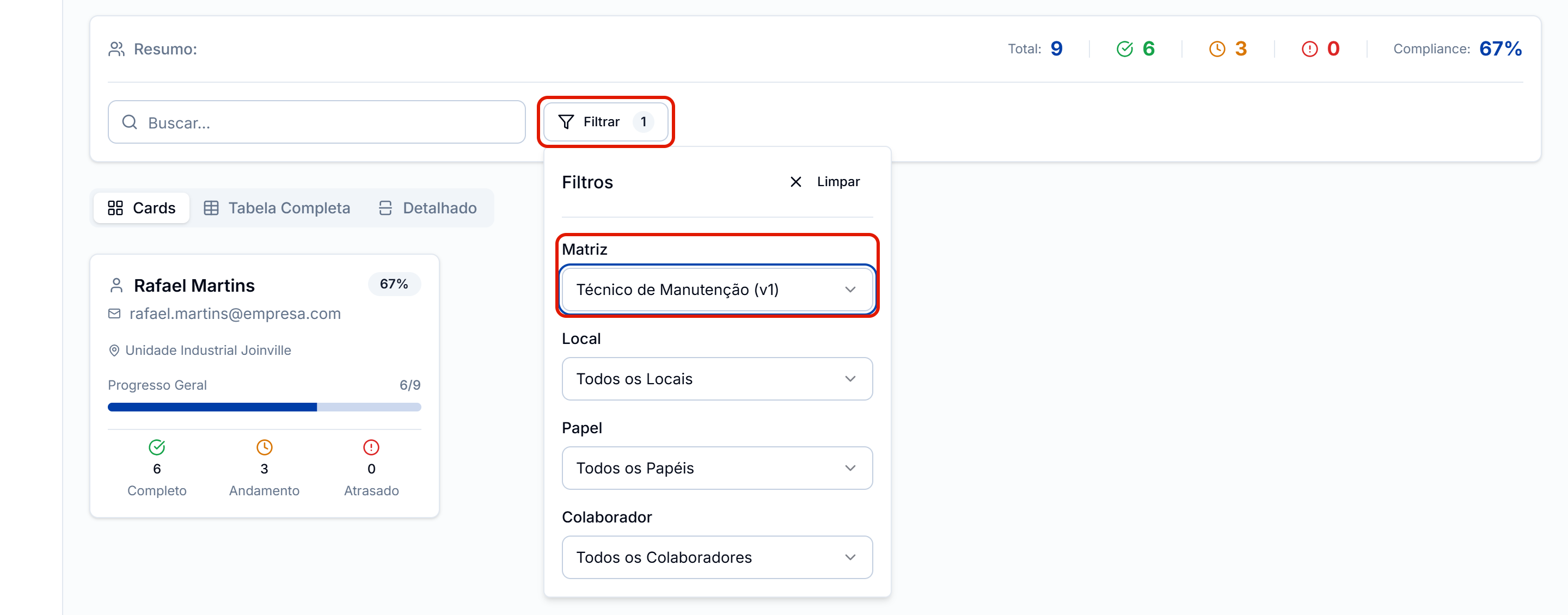 Filtrar com a matriz tecnico de manutencao