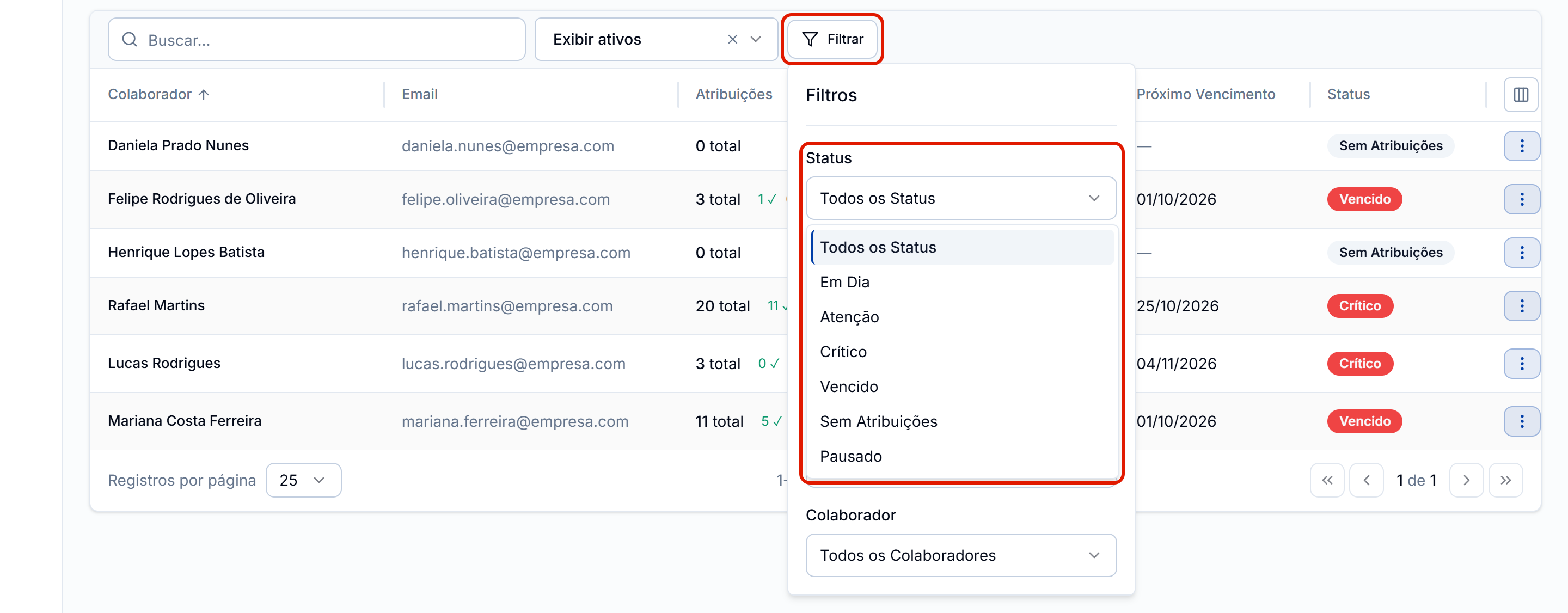 Filtrar com a lista de status