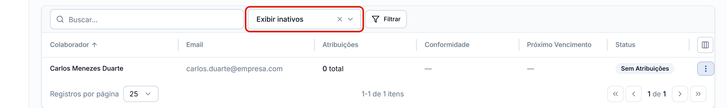 Lista de inativos com o seletor
