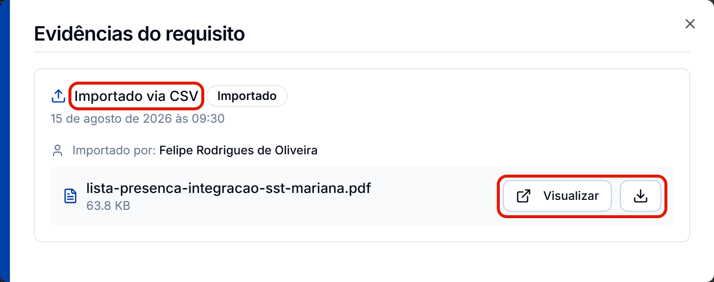 Evidencia importada com visualizar e baixar