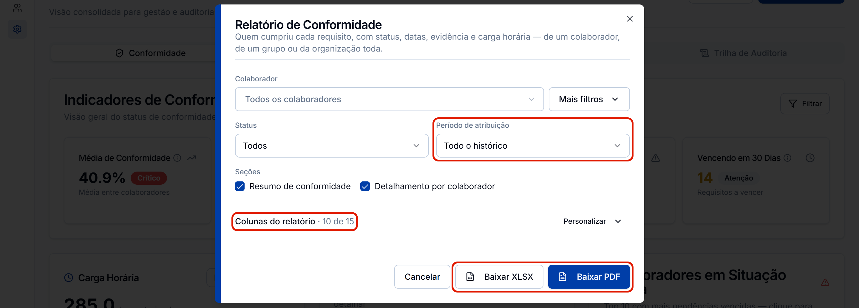 Relatorio de conformidade com o periodo e os formatos