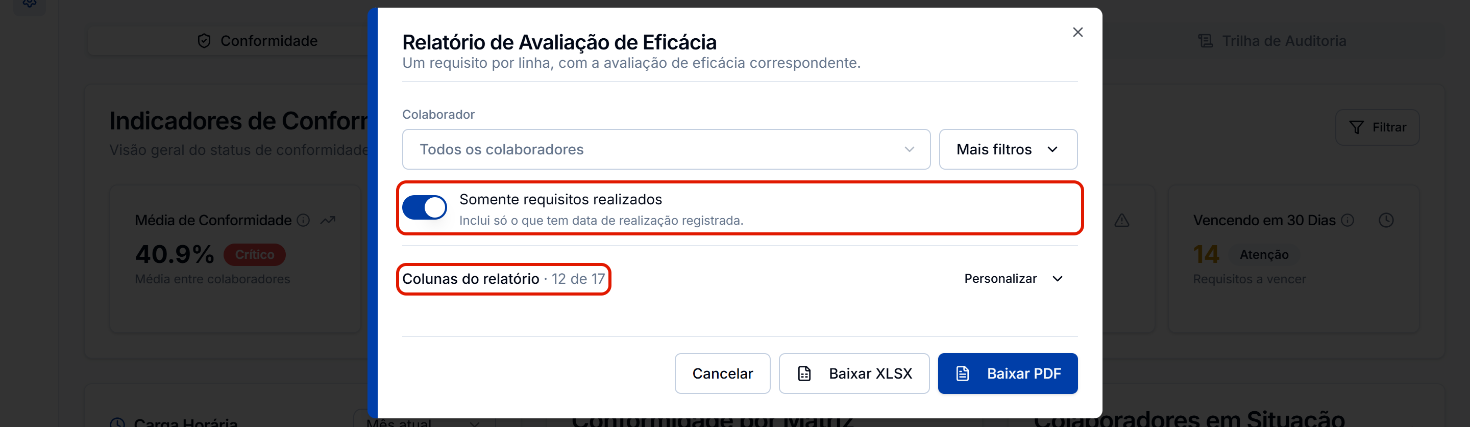 Relatorio de avaliacao de eficacia com a chave e as colunas