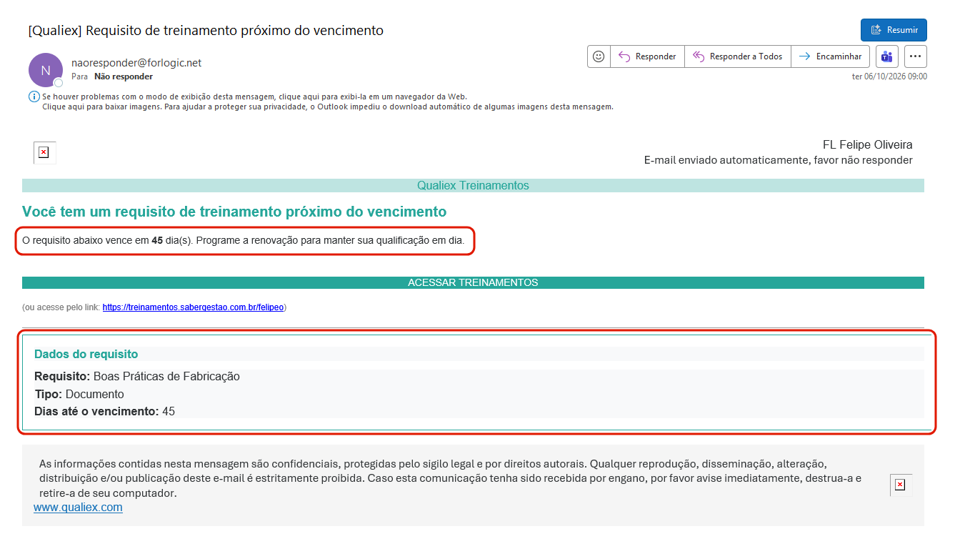 Email requisito proximo do vencimento
