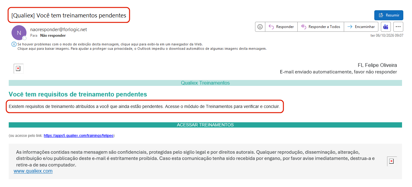 Email voce tem treinamentos pendentes