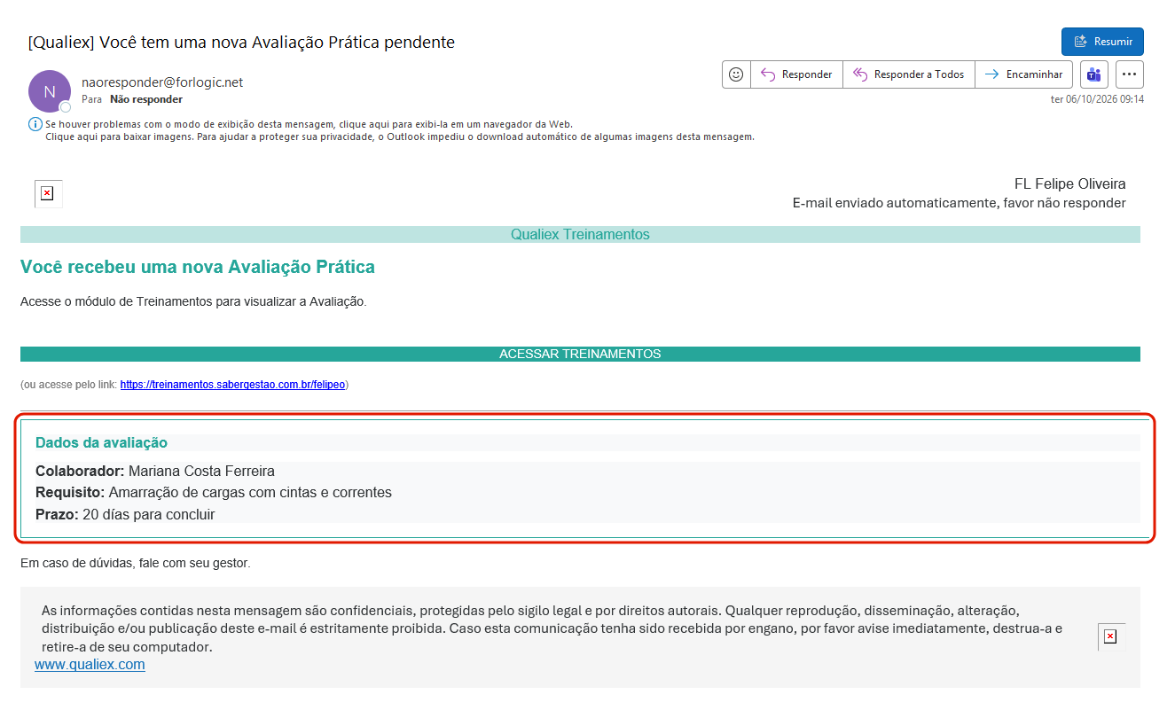 Email nova avaliacao pratica pendente