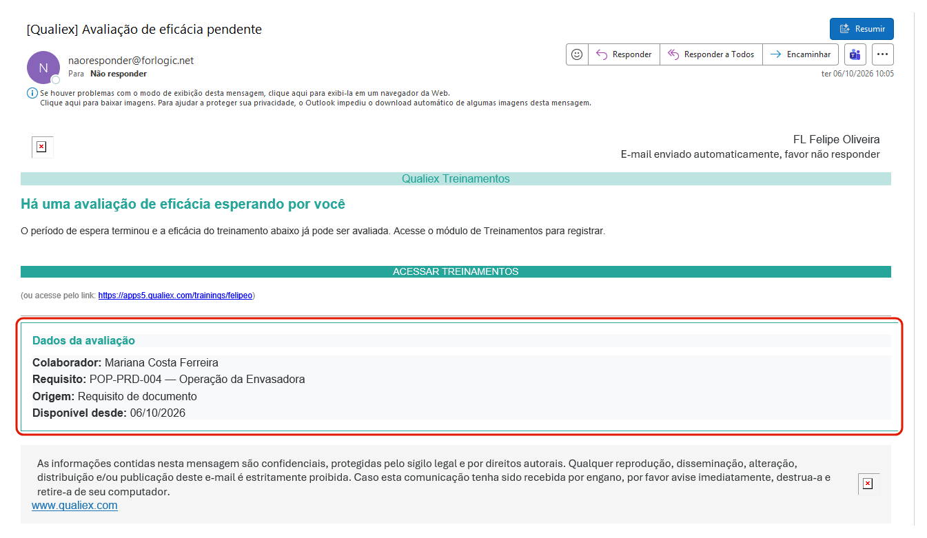 Email avaliacao de eficacia pendente