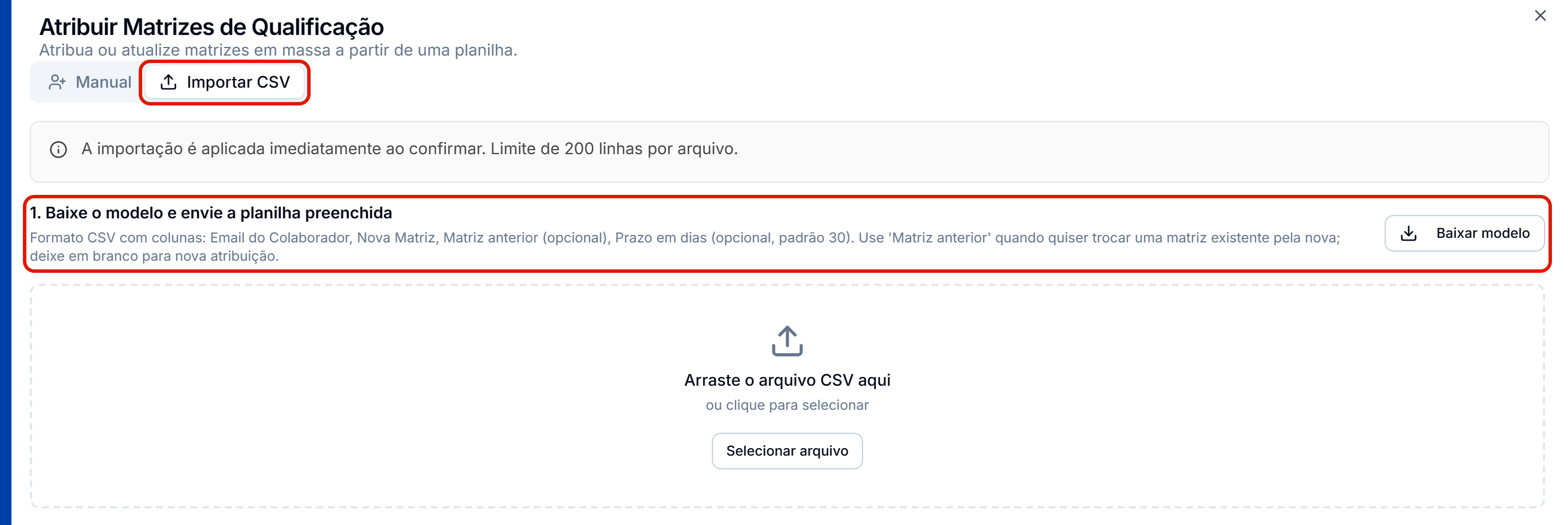Aba importar csv com o baixar modelo