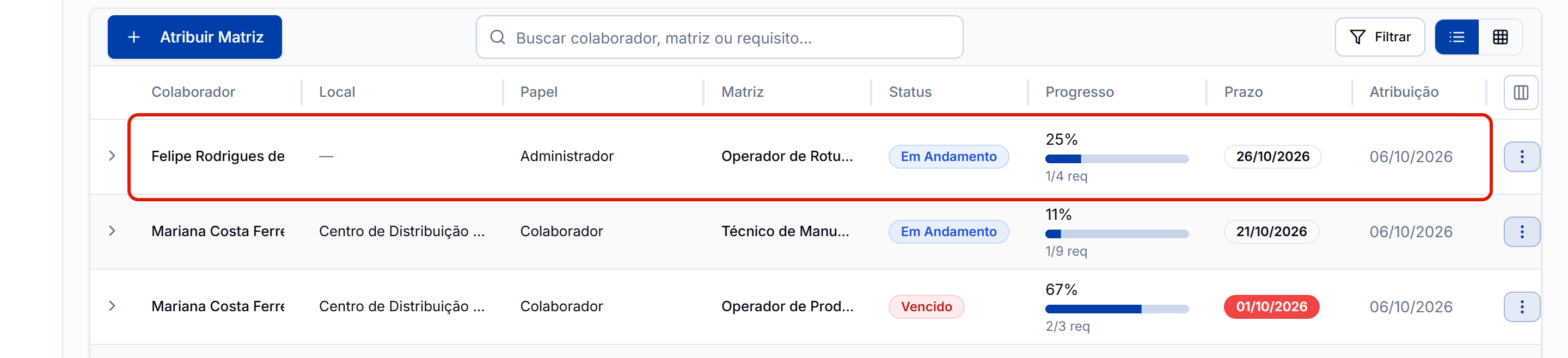 Lista com a atribuicao da planilha